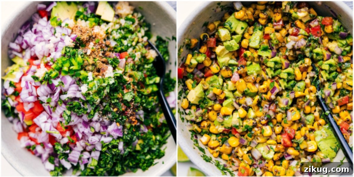Mixing together the avocado salsa in a bowl for this summer chicken recipe.