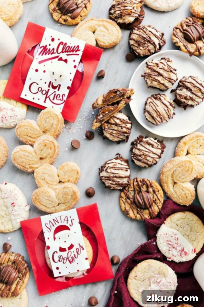 A delightful assortment of the best ever 3-ingredient Christmas cookies, beautifully arranged on a tray, ready to be enjoyed! PLUS two free printables to festively package up these cookies! Recipe via chelseasmessyapron #holidays #chocolate #best #quick #easy #simple #3ingredients #christmas #cookies 3 Ingredient Christmas Cookies on a tray ready to be served, showcasing all four varieties