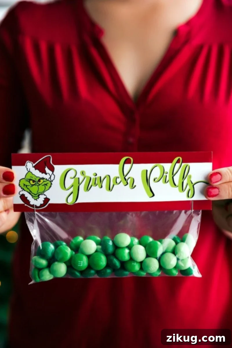 Christmas gifts! These candies/treats are put in a snack-size resealable bag and you can staple on the FREE printable bag toppers! Recipe via chelseasmessyapron #festive #holidays #simple #quick #treats #snacks #reindeer #mrsclaus #easy #christmas #gifts Image of the Grinch Pills easy Christmas gift
