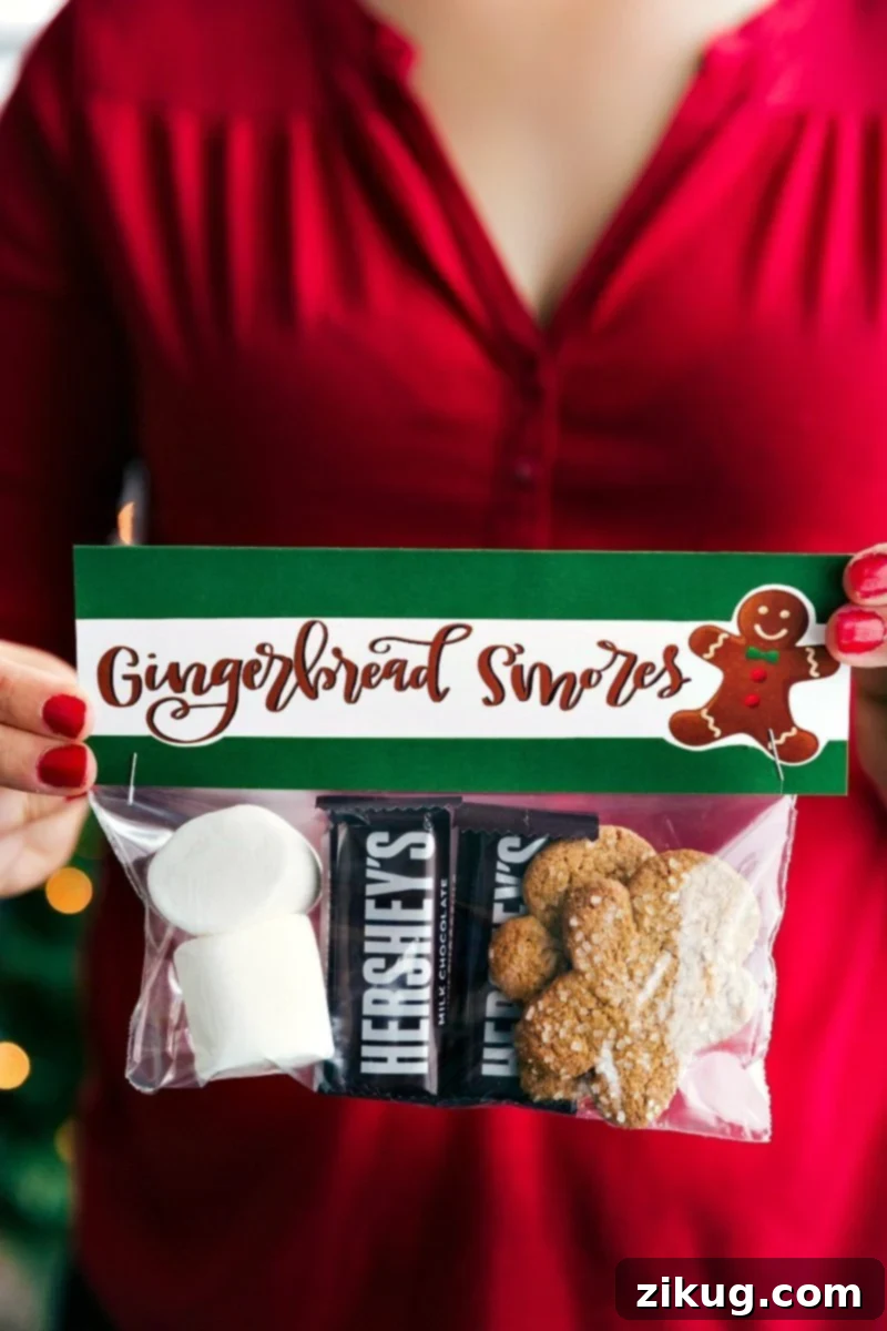 The cutest Christmas gifts! These candies/treats are put in a snack-size plastic bag and you can staple on the FREE printable bag toppers! Recipe via chelseasmessyapron #festive #holidays #simple #quick #treats #snacks #reindeer #mrsclaus #easy #christmas #gifts Image of the Gingerbread S'mores easy Christmas gifts