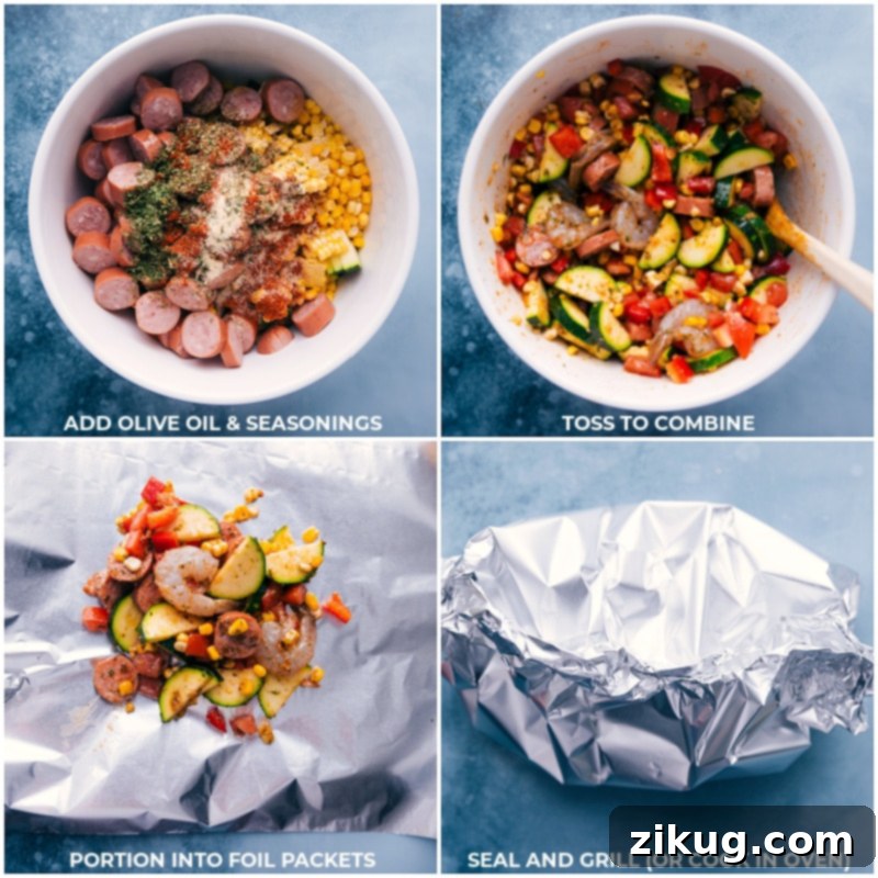 Visual guide to preparing shrimp and sausage foil packets: from seasoning to sealing. Process shots: add olive oil and seasonings to the bowl; toss to combine; portion into foil pouches; seal and grill or cook.