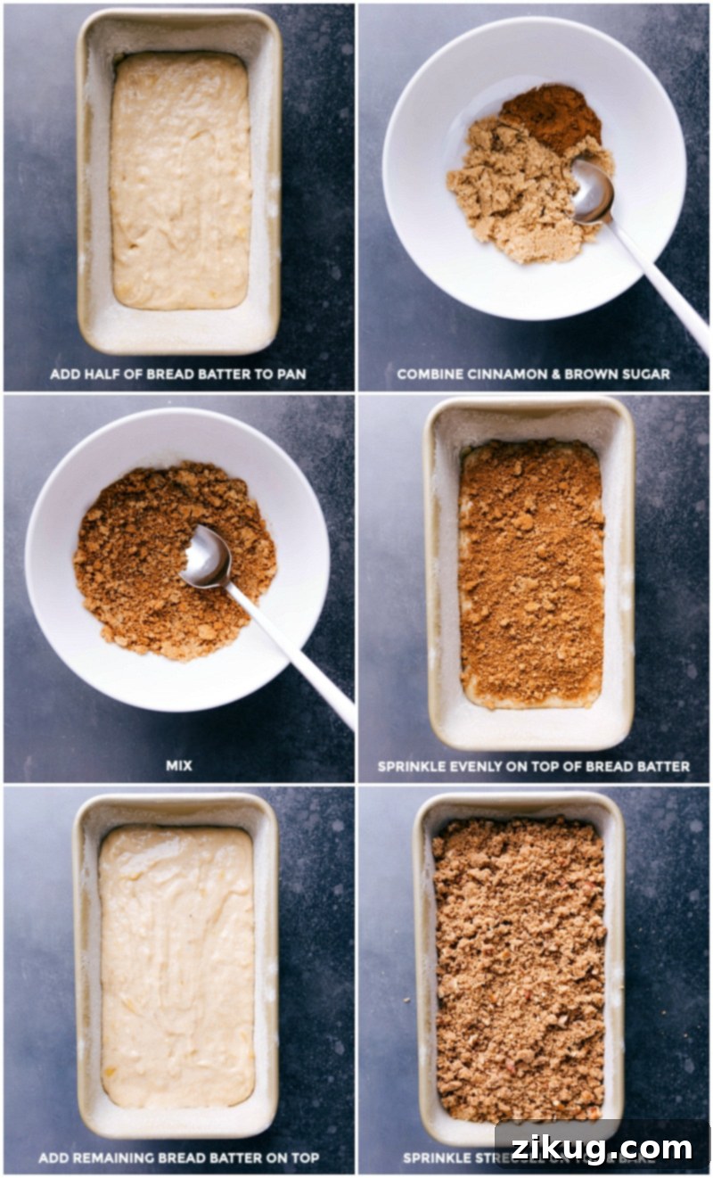 Batter Poured into Prepared Pan with Cinnamon-Sugar Mixture and Streusel on Top, Ready for the Oven Batter being poured into a prepared pan with a cinnamon-sugar mixture added in the middle and streusel on top, ready to go into the oven.