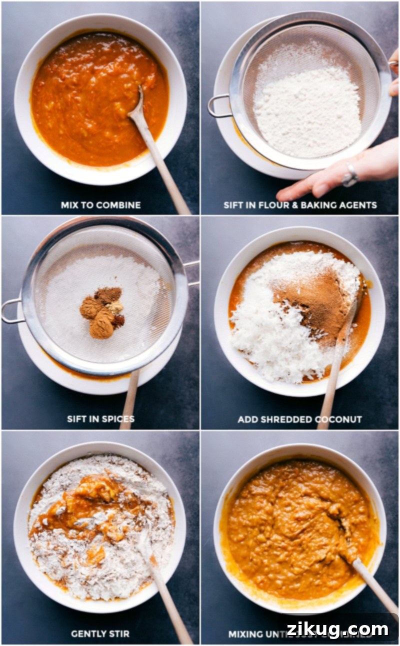Combining Dry Ingredients with Wet Ingredients for Cake Batter Dry cake ingredients, including flour and spices, being sifted carefully over the previously combined wet ingredients, ready for gentle mixing.