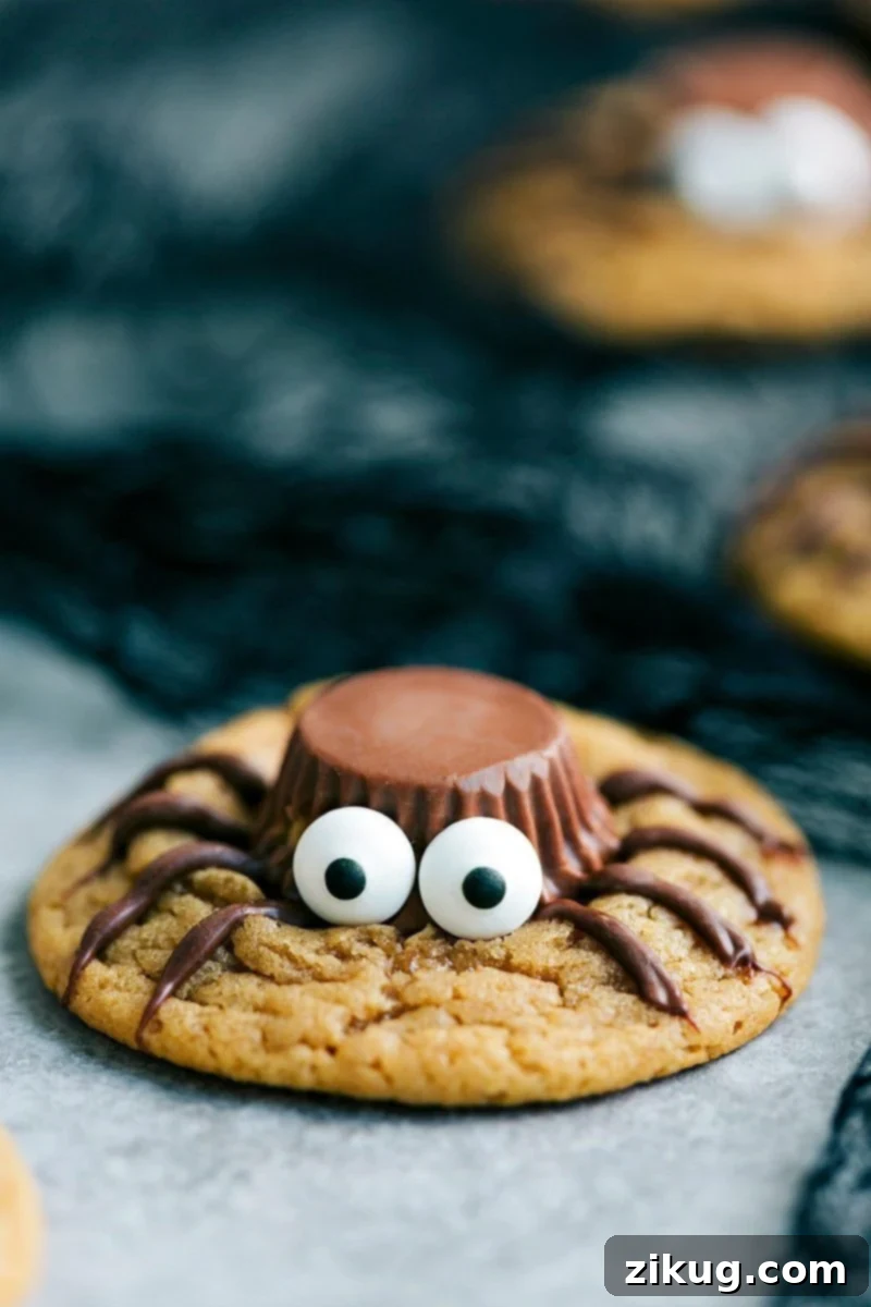 Delightful peanut butter spider cookies with Reese's cups as bodies and piped chocolate legs, perfect for a Halloween party.