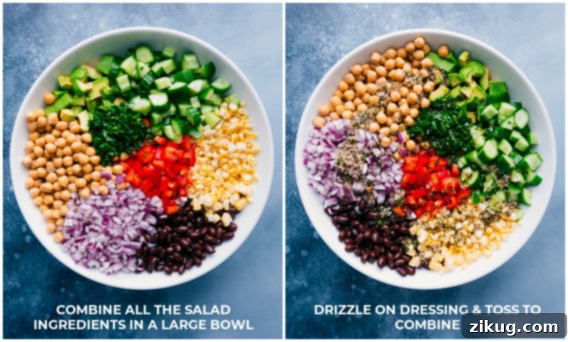Chickpea Salad 5 Ingredient shot showing all vegetables in a bowl with dressing being poured over them.
