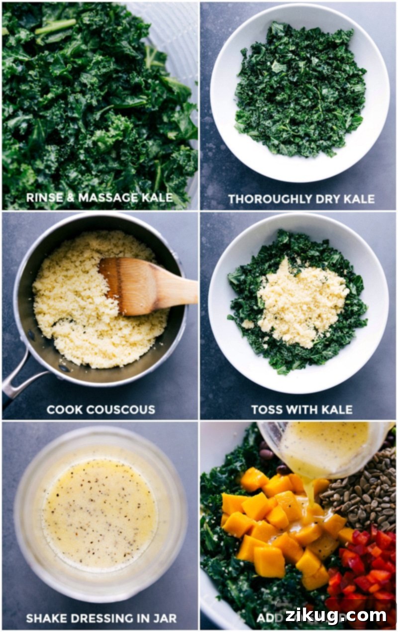 Kale cleaning, couscous boiling, ingredients tossing, dressing whisking, and final salad assembly