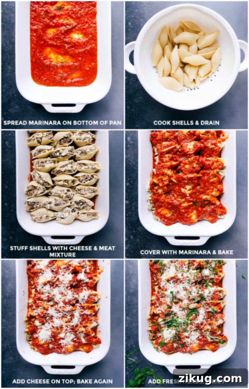 Spreading marinara sauce on the bottom of the pan, cooking and draining pasta, filling noodles with meat and cheese mixture, covering with more sauce and baking, then adding cheese and fresh herbs to serve.