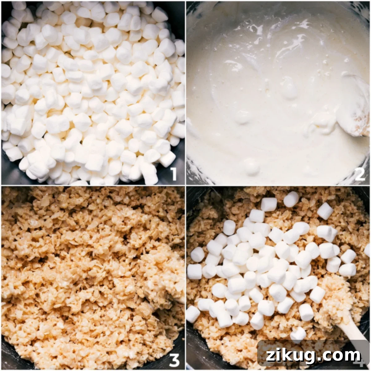 Marshmallows melted down and the rice krispie being added in and mixed together.
