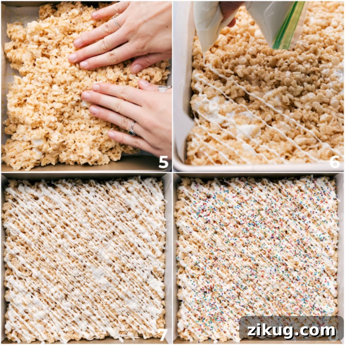 The recipe being spread into a 9x9 pan and topped with white chocolate.
