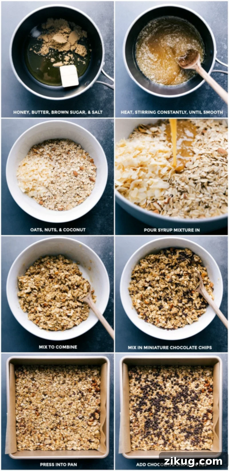 Making Homemade Granola Bars: Melting, Mixing, and Pressing A step-by-step visual guide to making homemade granola bars: starting with melting honey, butter, brown sugar, and salt; heating and stirring until smooth; combining toasted oats, nuts, and coconut; pouring the warm syrup mixture over; thoroughly combining and mixing in a portion of chocolate chips; firmly pressing the mixture into a prepared pan; and finally, adding the remaining chocolate chips on top for garnish.