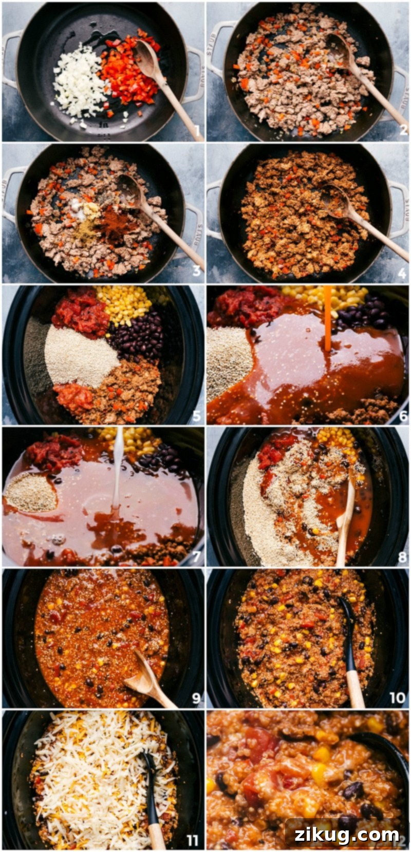 Combining and Cooking Onion, Bell Pepper, and Turkey in Slow Cooker Ingredients including onion, bell pepper, and turkey being added to the slow cooker, mixed, and undergoing the cooking process.