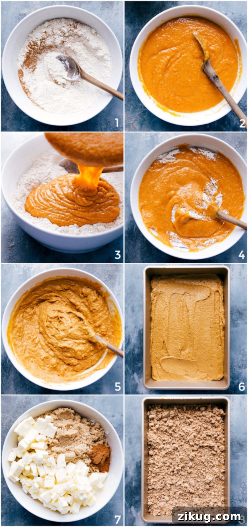 Prepping and mixing the dry and wet ingredients; pouring the mixture in the prepared baking pan; the crumble topping being made and sprinkled over the batter.