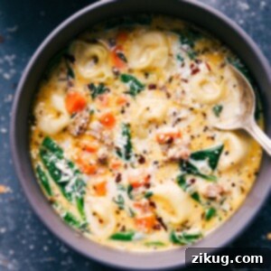 Sausage Tortellini Soup in a bowl with a spoon in it, invitingly presented.