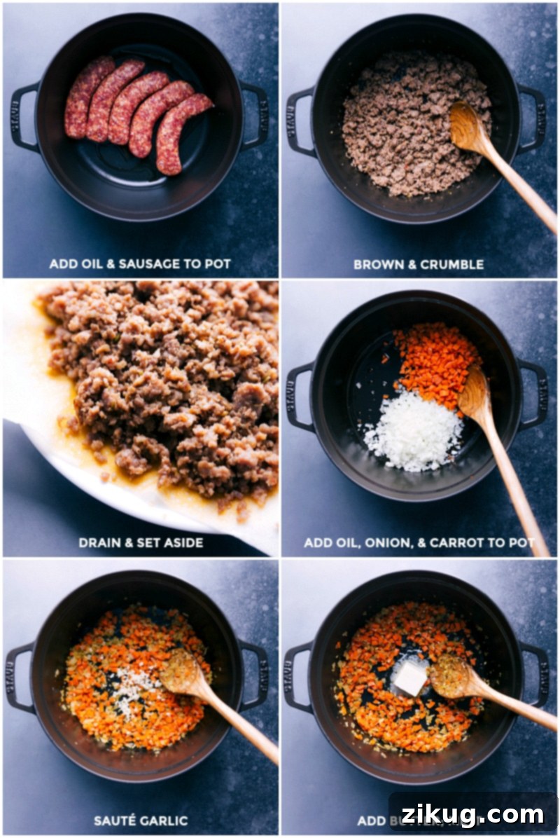 Hearty Italian Sausage and Tortellini Soup 4 Italian sausage being browned and crumbled in a pot, with diced carrots and onions sautéing alongside, forming the flavorful base of the soup.
