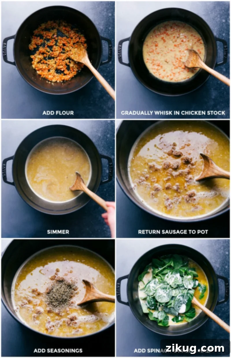 Hearty Italian Sausage and Tortellini Soup 5 The process of adding flour to butter to create a roux, then whisking in chicken stock, followed by seasonings, fresh spinach, and half-and-half to build the creamy broth for the Italian Sausage Tortellini Soup.