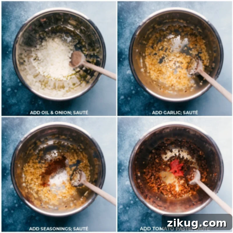 Instant Pot Chicken Tortilla Soup is the easiest, dump-it-and-forget-it kind of meal! Tender shredded chicken, savory black beans, crisp corn, fire-roasted tomatoes, and a rich well-seasoned broth come together to deliver an unforgettable soup! Top your bowl with plenty of tortilla strips, a handful of cheese, a scoop of sour cream, and anything else you like atop your tortilla soup. Recipe via ChelseasMessyApron.com #dinner #quick #easy #simple #best #beans #corn #healthy #familyfriendly #kidfriendly #instantpot #chicken #tortilla #soup Process shots showing olive oil, diced onion, minced garlic, a blend of spices, and tomato paste being sautéed in an Instant Pot to build a rich flavor base.