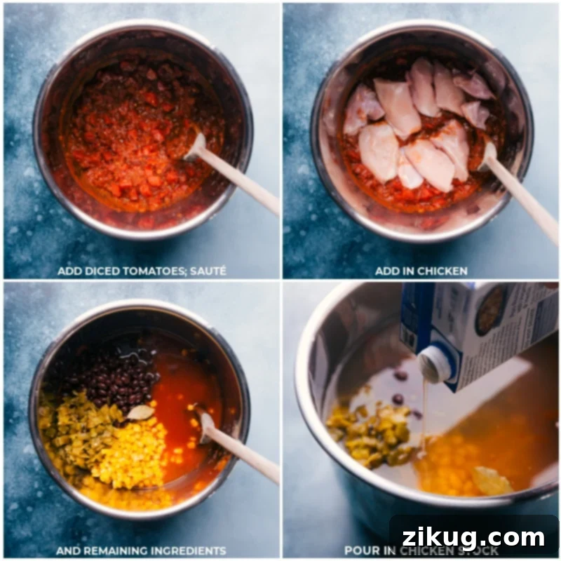 Instant Pot Chicken Tortilla Soup is the easiest, dump-it-and-forget-it kind of meal! Tender shredded chicken, savory black beans, crisp corn, fire-roasted tomatoes, and a rich well-seasoned broth come together to deliver an unforgettable soup! Top your bowl with plenty of tortilla strips, a handful of cheese, a scoop of sour cream, and anything else you like atop your tortilla soup. Recipe via ChelseasMessyApron.com #dinner #quick #easy #simple #best #beans #corn #healthy #familyfriendly #kidfriendly #instantpot #chicken #tortilla #soup Process shots showing diced tomatoes, chicken, chicken stock, and other essential ingredients being layered into the Instant Pot, ready for pressure cooking.