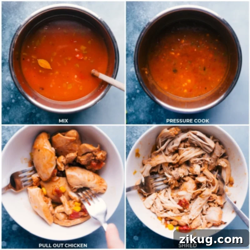 Instant Pot Chicken Tortilla Soup is the easiest, dump-it-and-forget-it kind of meal! Tender shredded chicken, savory black beans, crisp corn, fire-roasted tomatoes, and a rich well-seasoned broth come together to deliver an unforgettable soup! Top your bowl with plenty of tortilla strips, a handful of cheese, a scoop of sour cream, and anything else you like atop your tortilla soup. Recipe via ChelseasMessyApron.com #dinner #quick #easy #simple #best #beans #corn #healthy #familyfriendly #kidfriendly #instantpot #chicken #tortilla #soup Process shots of Instant Pot Chicken Tortilla Soup, showing a whole chicken thigh being removed from the pot and easily shredded with two forks.