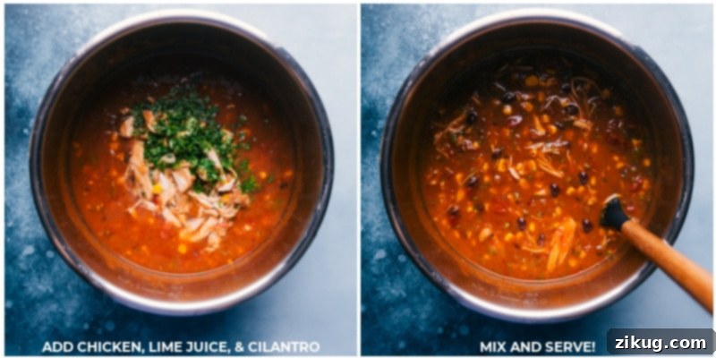 Instant Pot Chicken Tortilla Soup is the easiest, dump-it-all-in and forget about it kind of meal! Tender shredded chicken, savory black beans, crisp corn, fire-roasted tomatoes, and a rich well-seasoned broth comes together to deliver an unforgettable soup! Recipe via ChelseasMessyApron.com #dinner #quick #easy #simple #best #beans #corn #healthy #familyfriendly #kidfriendly #instantpot #chicken #tortilla #soup Process shots showing shredded chicken, fresh lime juice, and chopped cilantro being added back into the Instant Pot with the soup and gently mixed.