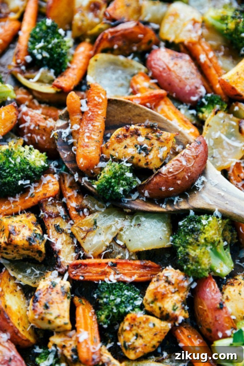 The Best Weeknight Dinner: One Pan Roasted Garlic Parmesan Chicken And Vegetables Close-up of roasted chicken and vegetables with melted Parmesan cheese, garnished with fresh herbs.