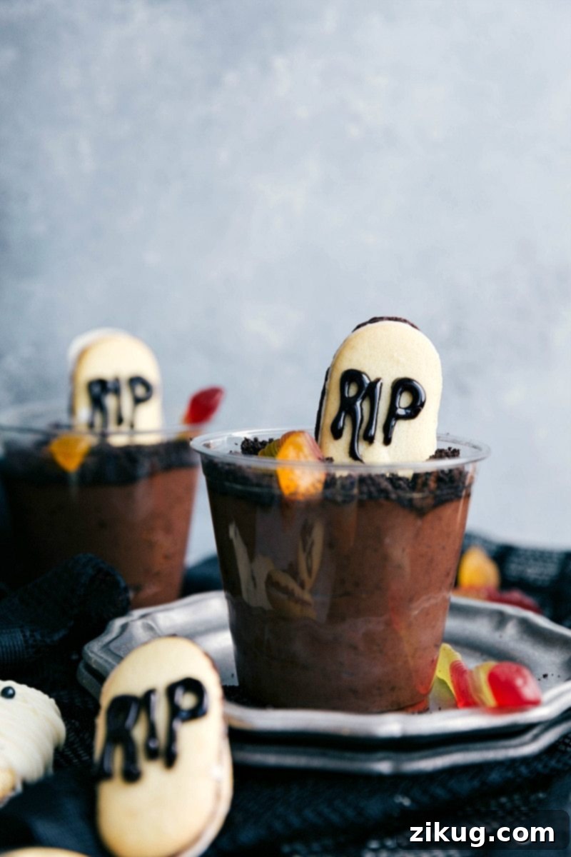 Picture of the graveyard pudding cups, an easy Halloween treat