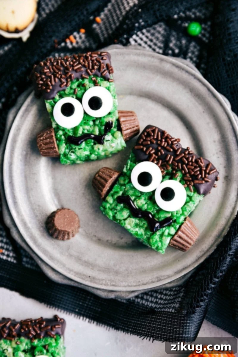 Image of two Frankenstein Krispies treats, perfect for Halloween celebrations