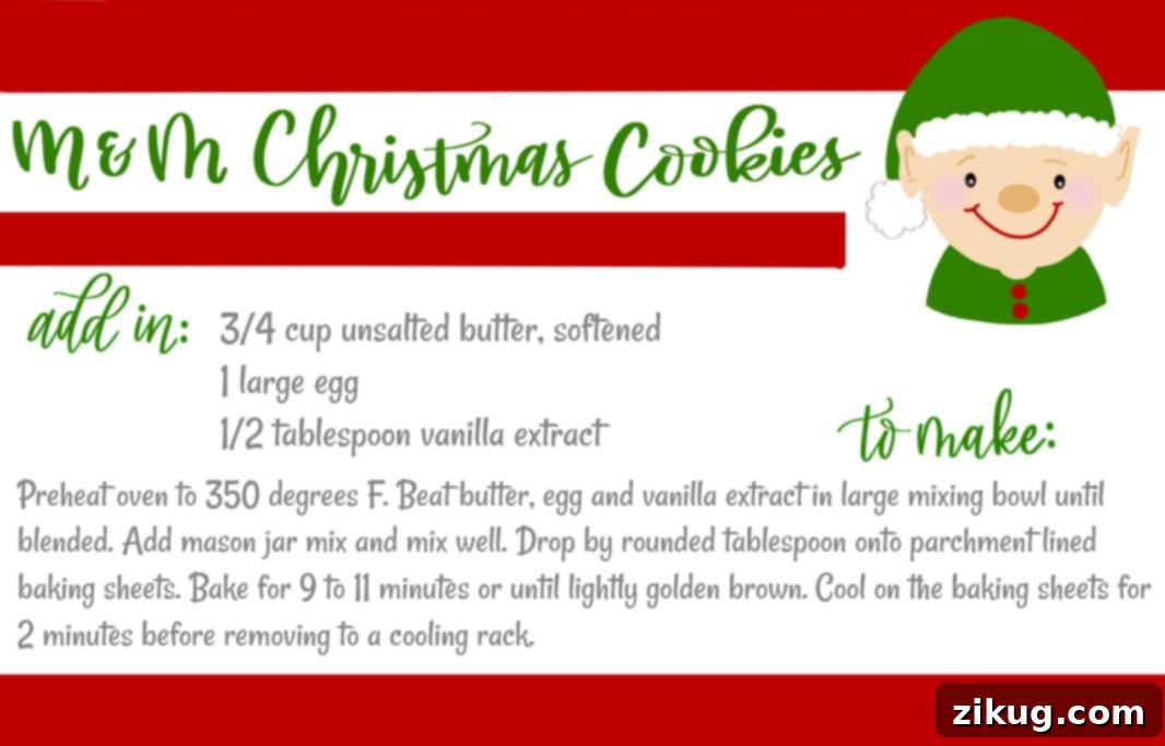 Close-up of the free printable recipe card for M&M Mason Jar Cookies, ready to be attached to a gift.