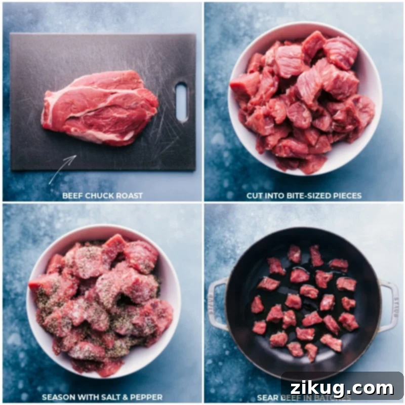 How To Prep The Chuck Roast For Crockpot Beef Stew Preparing the beef chuck roast: cutting it into bite-sized pieces, generously seasoning with salt and pepper, and searing it to develop deep flavor for the crockpot beef stew.
