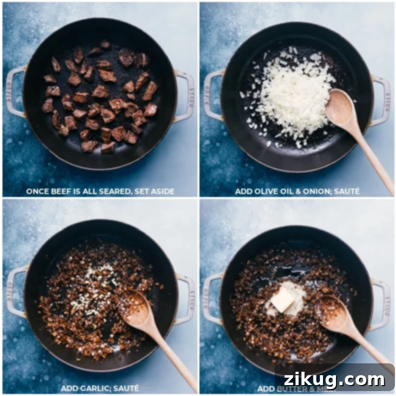 How To Make Crockpot Beef Stew The process of preparing Crockpot Beef Stew, including searing the beef and sautéing onions, garlic, and butter to build the rich gravy base.