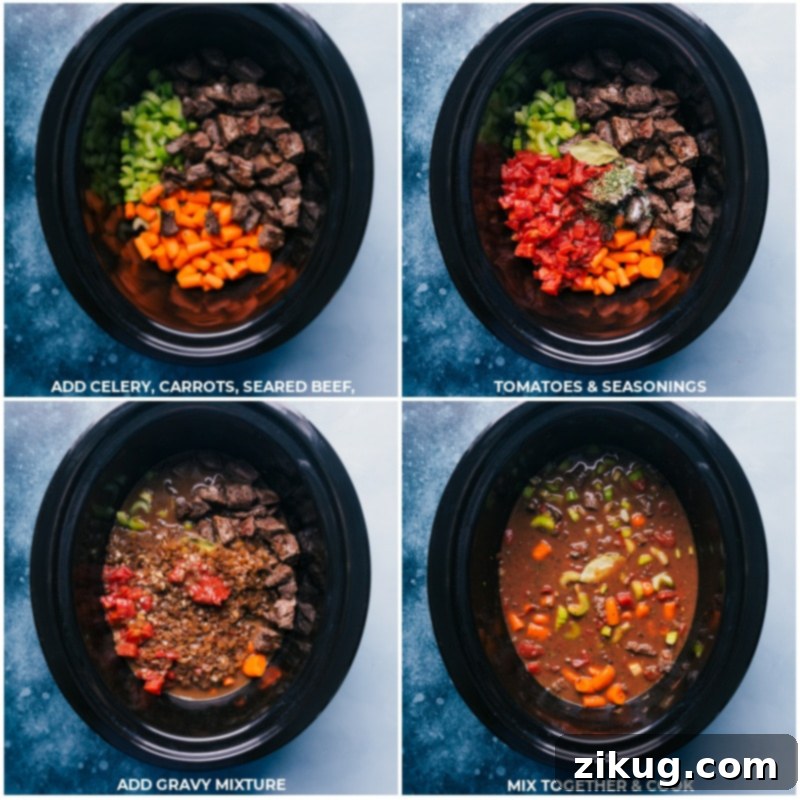 Slow Cooker Beef Stew Recipe All the hearty ingredients combined and simmering gently in the crockpot, transforming into a delicious Slow Cooker Beef Stew.