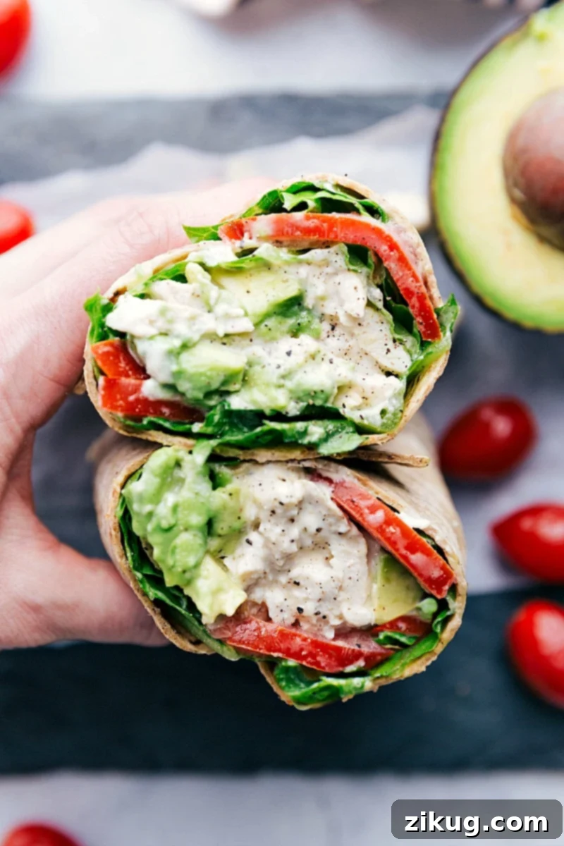 Our absolute favorite chicken salad made in wrap form Chicken Salad Wrap cut open to show the interior.