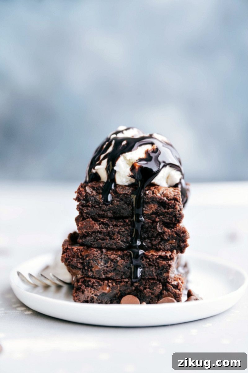 A glistening pan of freshly baked, rich double-chocolate brownies, generously topped with a scoop of creamy vanilla ice cream, illustrating the delicious outcome of the Mason jar mix.