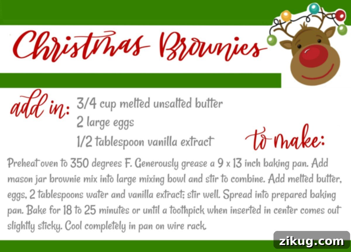 The charming and informative free printable recipe card for Christmas brownies, thoughtfully designed for easy attachment to a festive Mason jar gift.