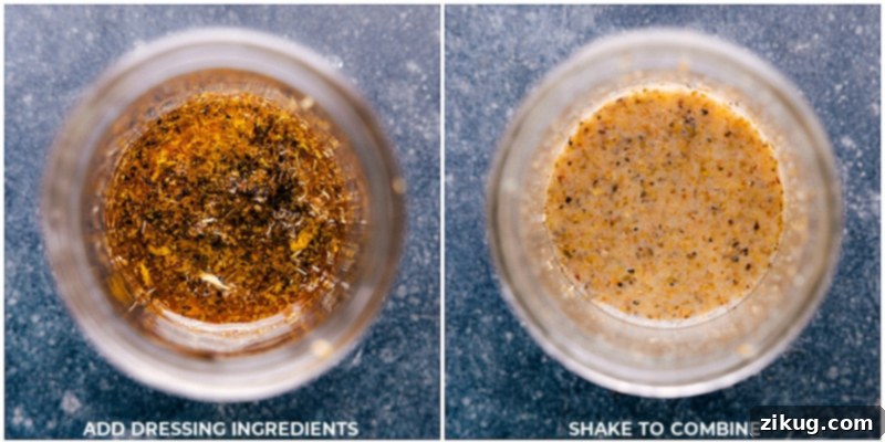 Process shots showing how to prepare the lemon vinaigrette dressing in a mason jar.