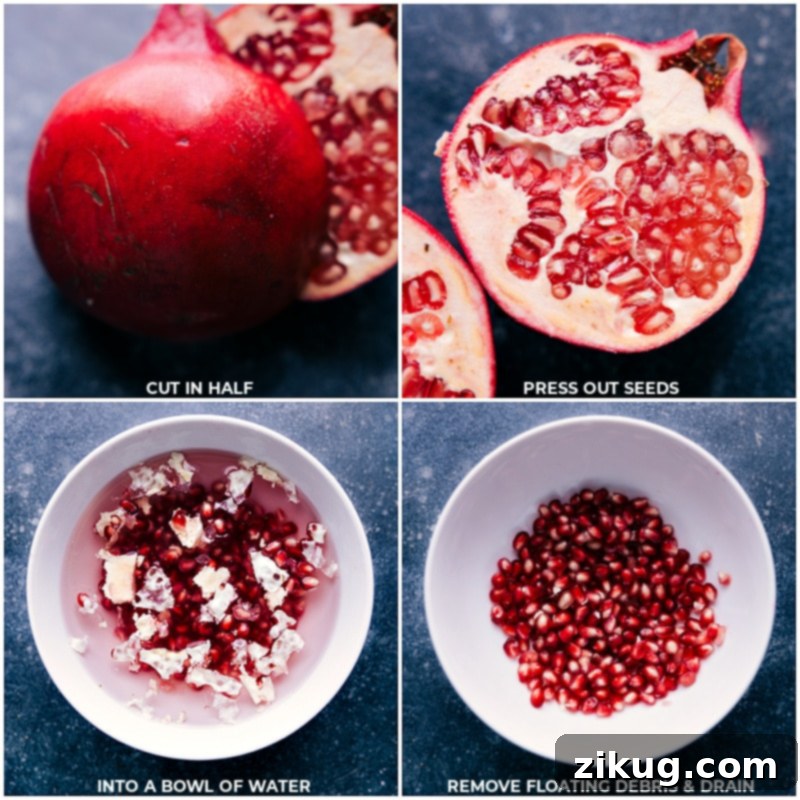 Process shots demonstrating how to prep a pomegranate for its arils.
