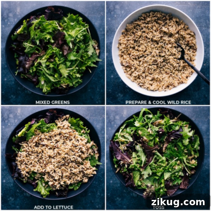 Process shots of Wild Rice Salad formation – wild rice being added to mixed greens in a bowl.
