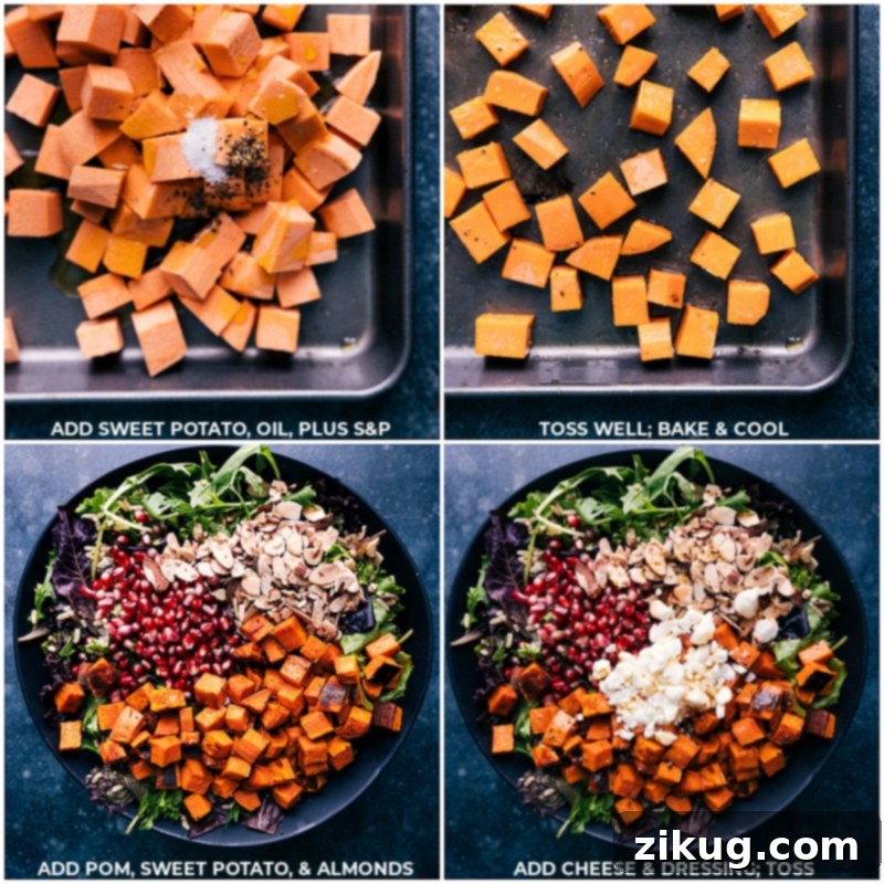 Process shots showing sweet potatoes being roasted and then combined with all other ingredients to form the Wild Rice Salad.