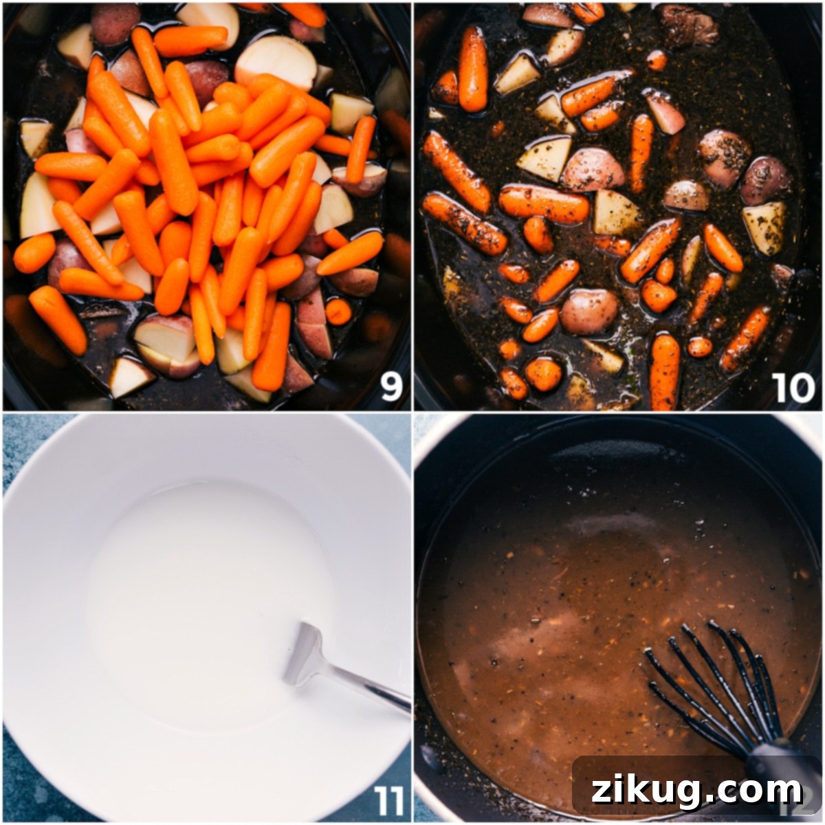 Delicious Gravy for Crockpot Roast Add carrots and potatoes, then prepare the cornstarch slurry and broth to thicken into a delicious gravy for the crockpot roast.
