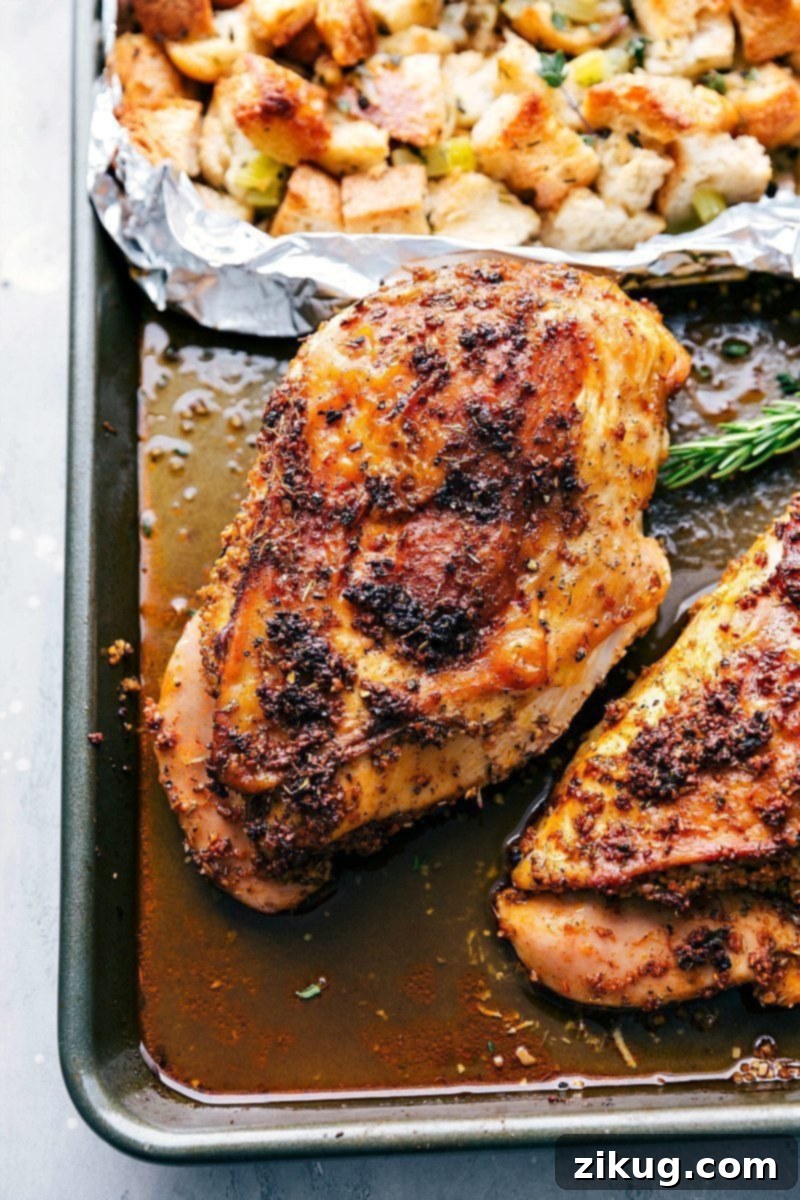 Deliciously Flavored, Perfectly Cooked Sheet Pan Turkey Perfectly cooked turkey on a sheet pan, beautifully browned and seasoned.