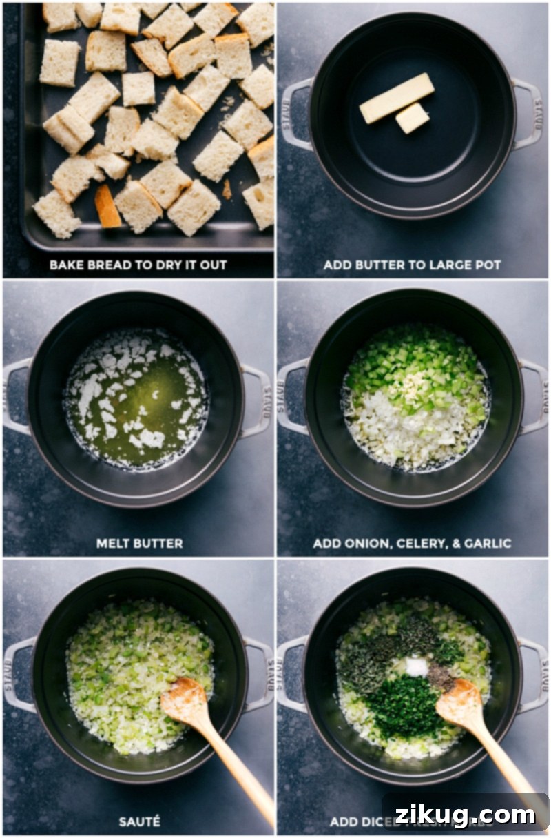 Cubed sourdough bread drying in an oven, while in a separate large pot, butter, finely diced yellow onions, celery, and fresh herbs are being sautéed to create the flavorful base for Thanksgiving dressing.