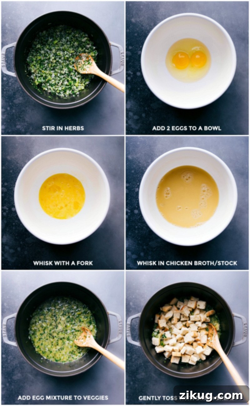 The process of assembling Thanksgiving dressing: a bowl with whisked eggs and chicken broth, a pot with sautéed onions, celery, and herbs, and dried sourdough bread cubes, all being combined to create the flavorful mixture.