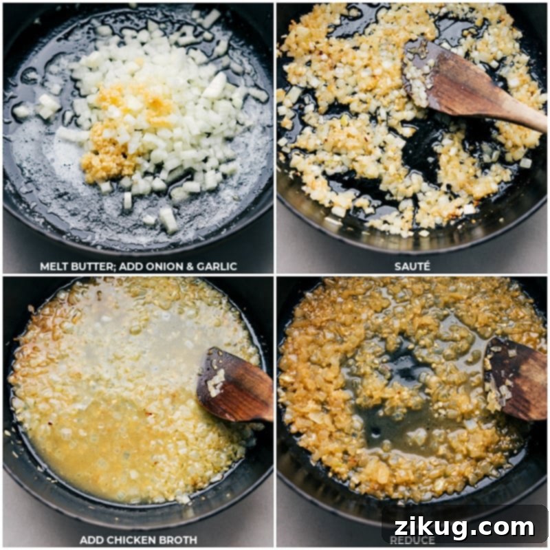 The initial stages of Creamy Tuna Pasta: sautéing aromatics and building the flavorful sauce base in a large skillet. Process shots of creamy tuna pasta-- images of unsalted butter melting, then minced onion and garlic being added, followed by chicken broth, illustrating the initial steps of sauce preparation.