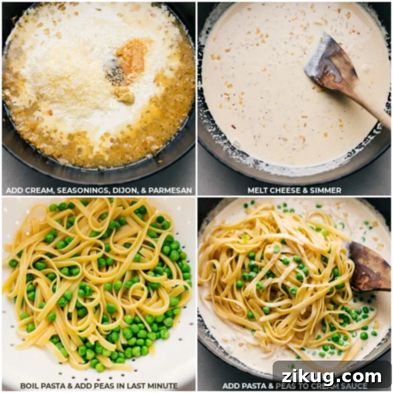 Finishing Creamy Tuna Pasta: Adding cream, parmesan, seasonings, and combining with pasta and peas for a perfect coating and rich flavor. Process shots-- images of the heavy cream, seasonings, Dijon mustard, Parmesan cheese, cooked pasta, and peas being added into the pot, demonstrating the sauce finishing and combining steps.