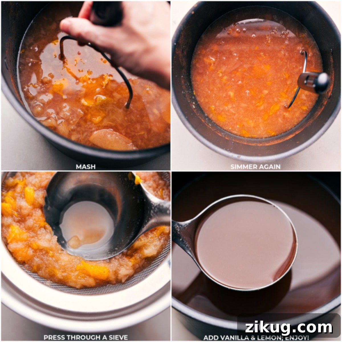 Freshly mashed apple and orange mixture being carefully strained through a fine mesh sieve to extract pure, flavorful apple cider.
