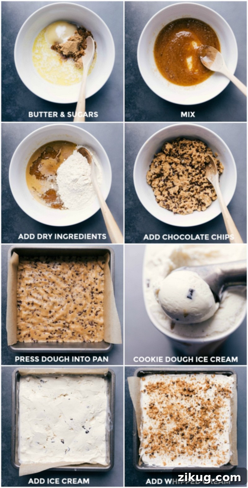Layering Cookie Dough Base, Ice Cream, and Whipped Cream for a Frozen Delight Preparation of frozen dessert with base being pressed, ice cream layered on top, and whipped cream to finish before freezing.