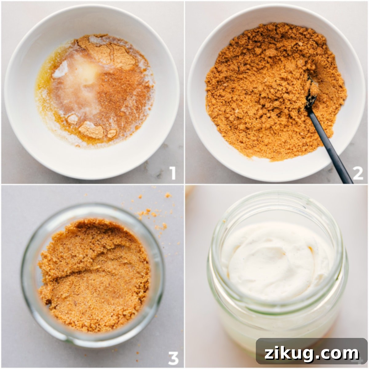 Several jars of no-bake cheesecake lined up, ready for toppings, showcasing their neat layers.