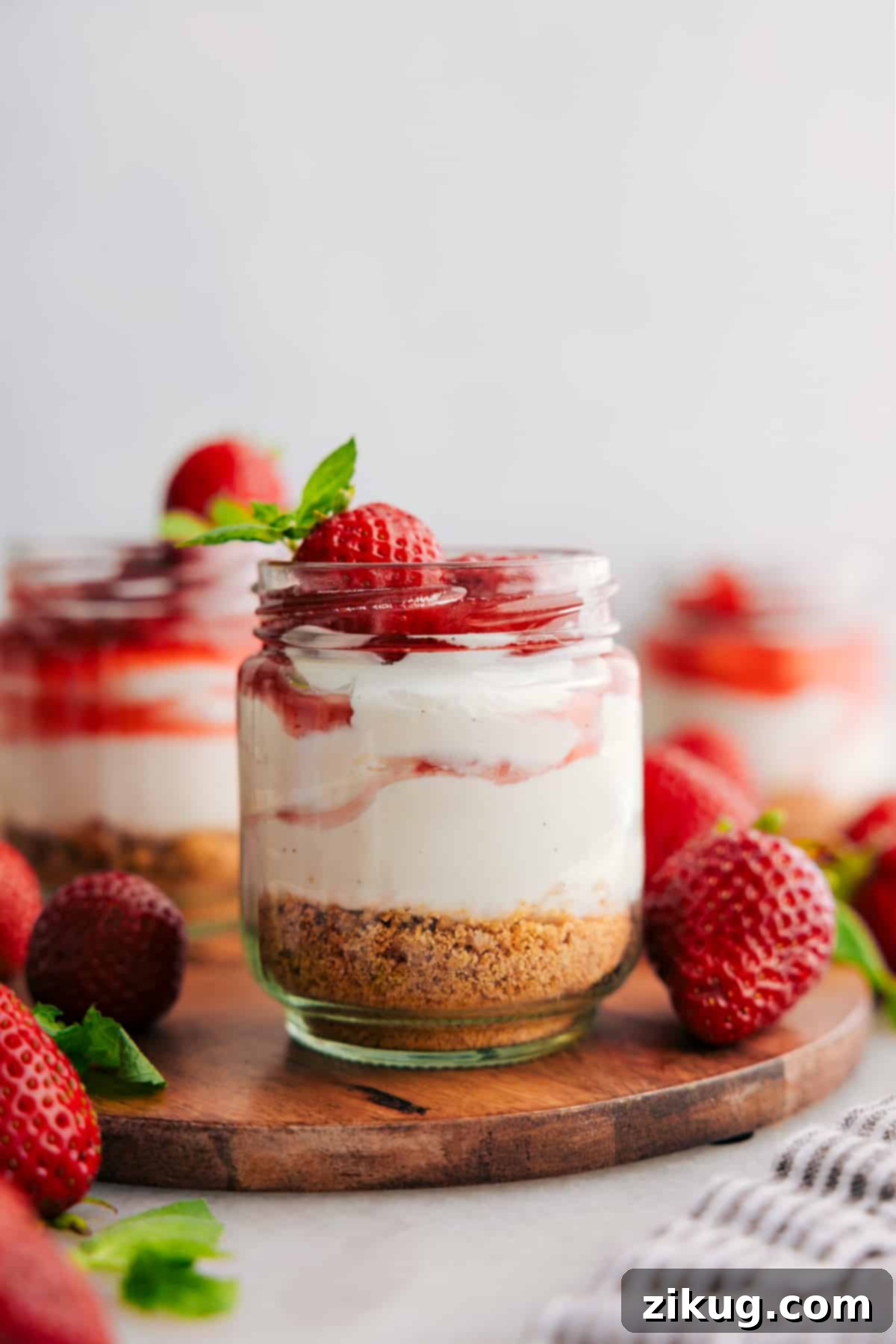 A beautifully arranged selection of no-bake cheesecake jars on a serving tray, adorned with various fresh fruit toppings.