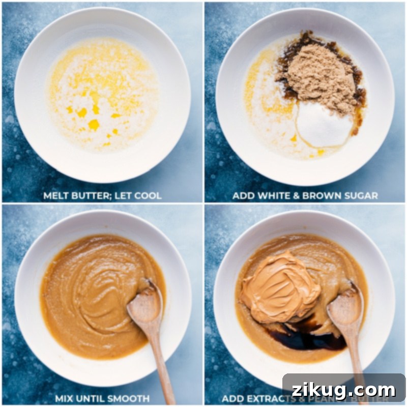 The start of the best Peanut Butter Cookies: melted butter, sugars, and peanut butter expertly combined. Step-by-step process of making peanut butter cookies, showing melted butter, brown and granulated sugars being mixed, followed by extracts and creamy peanut butter being incorporated.