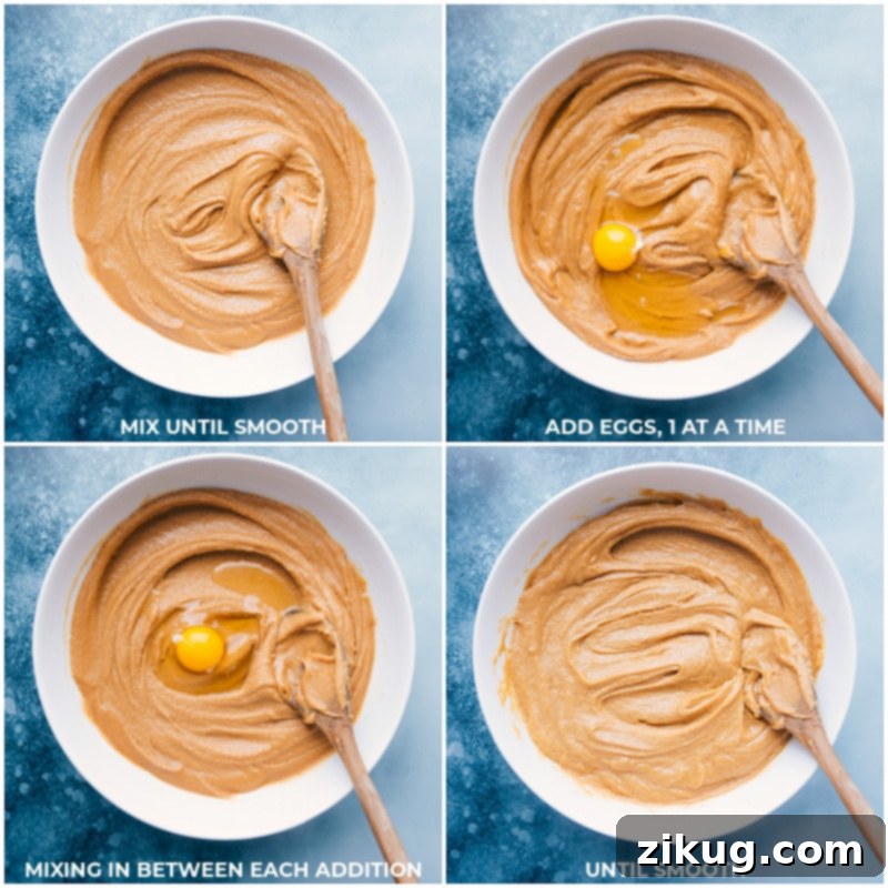 Combining eggs into the Peanut Butter Cookie dough for a rich and moist texture. Process shots showing eggs being added to the peanut butter cookie dough mixture and thoroughly combined, creating a smooth and cohesive batter.