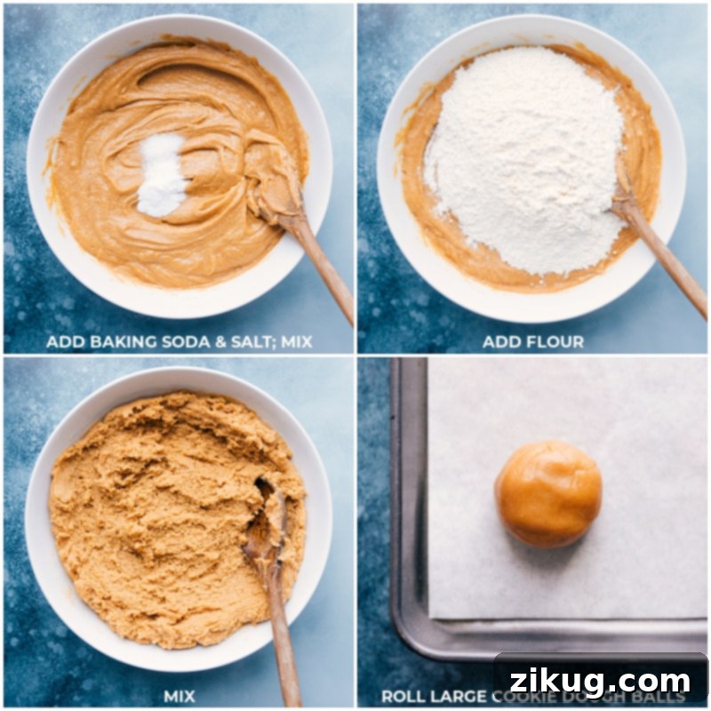 Final steps of our Peanut Butter Cookies: dry ingredients mixed in and dough perfectly rolled. Process shots of peanut butter cookie dough being prepared, with baking soda, salt, and flour mixed in, followed by the dough being rolled into perfect balls ready for baking.